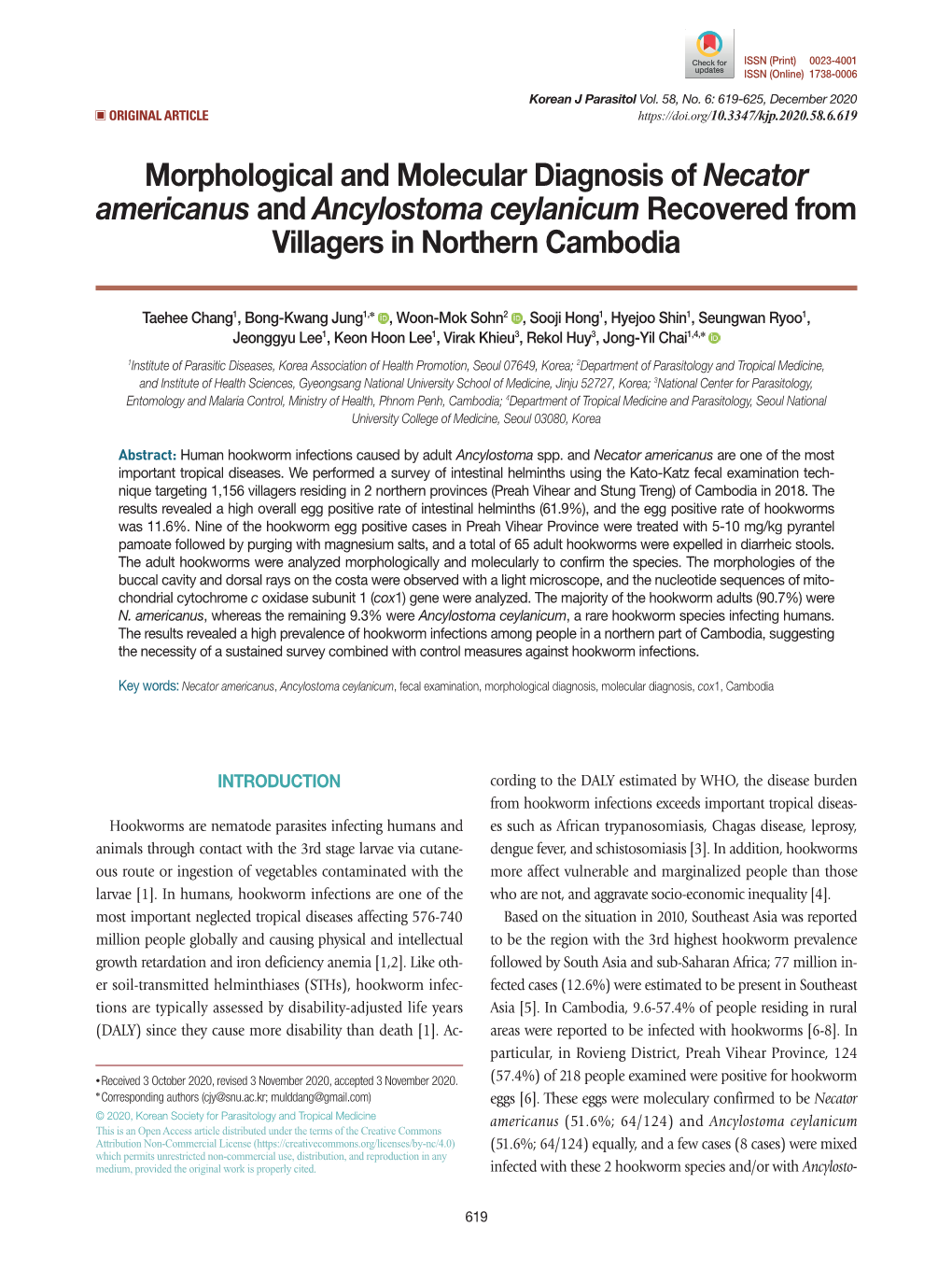 Morphological and Molecular Diagnosis of Necator Americanus and Ancylostoma Ceylanicum Recovered from Villagers in Northern Cambodia