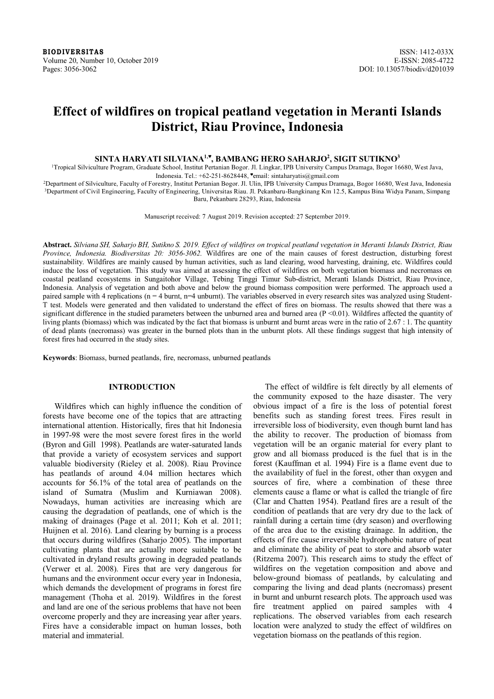 Effect of Wildfires on Tropical Peatland Vegetation in Meranti Islands District, Riau Province, Indonesia