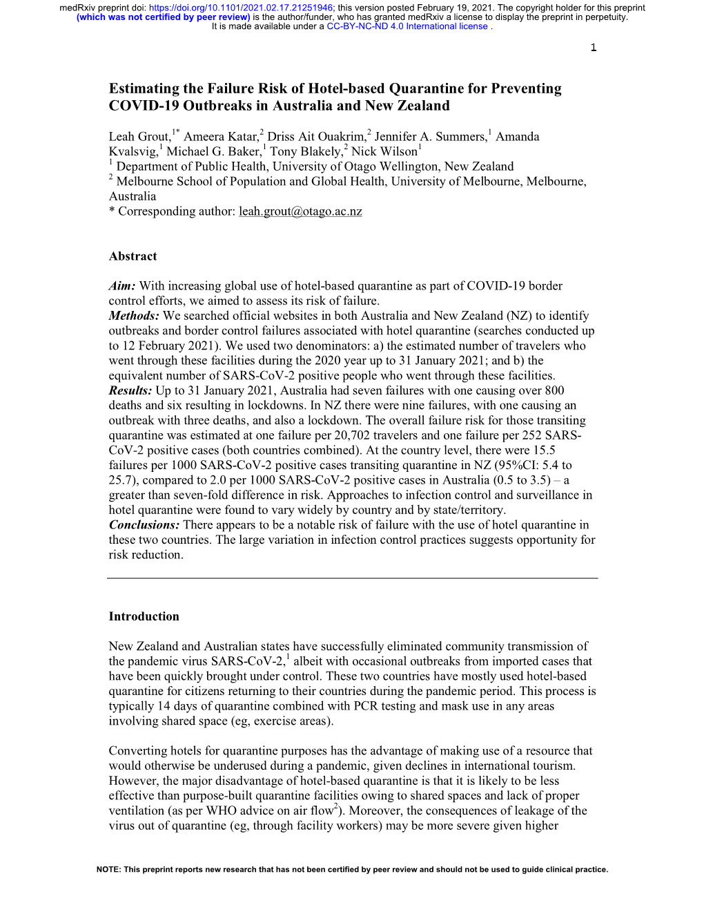 Estimating the Failure Risk of Hotel-Based Quarantine for Preventing COVID-19 Outbreaks in Australia and New Zealand