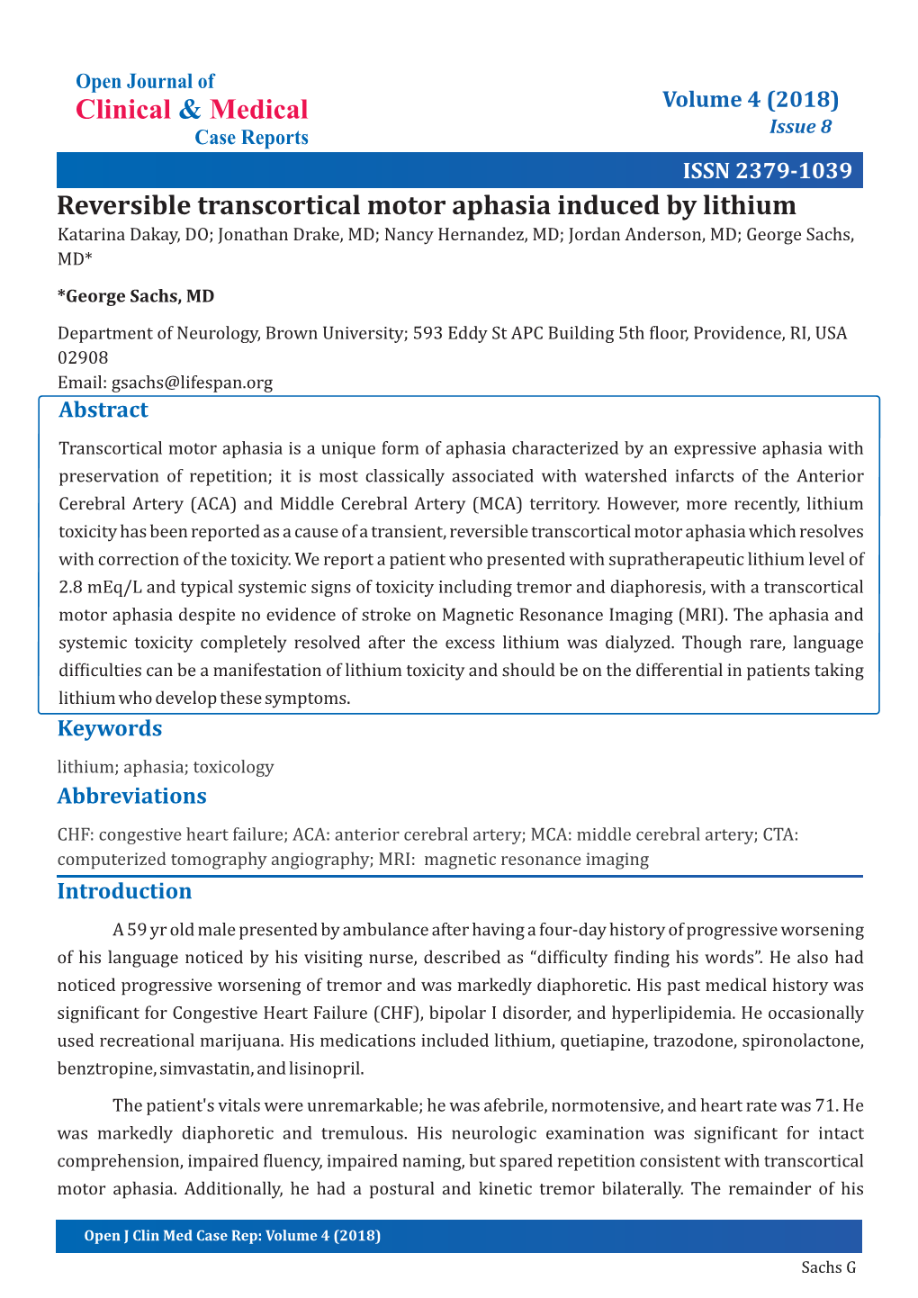 Reversible Transcortical Motor Aphasia Induced by Lithium