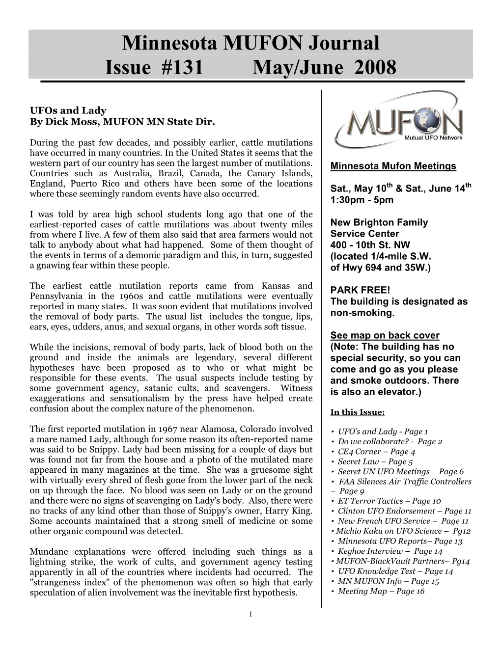 Minnesota MUFON Journal Issue #131 May/June 2008