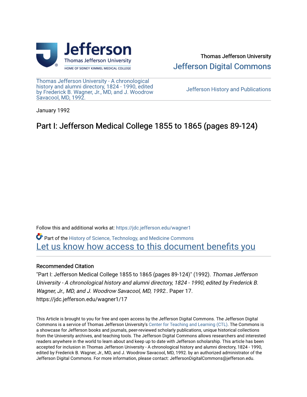 Part I: Jefferson Medical College 1855 to 1865 (Pages 89-124)