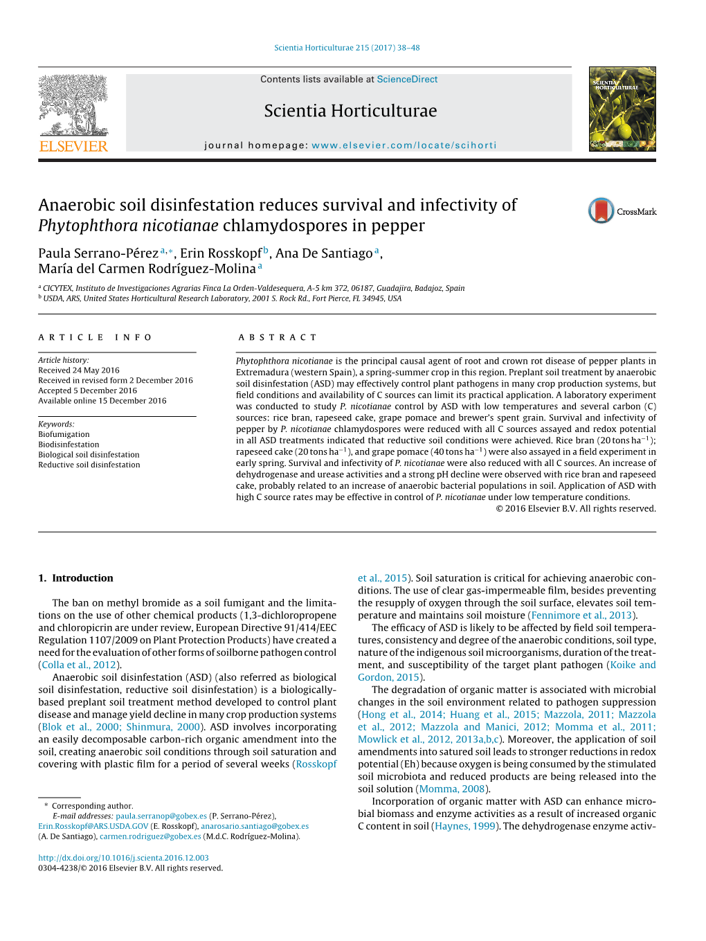 Anaerobic Soil Disinfestation Reduces Survival and Infectivity Of