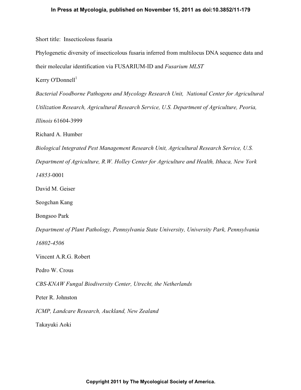 Short Title: Insecticolous Fusaria Phylogenetic Diversity Of