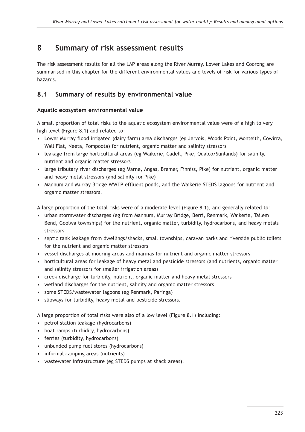 River Murray and Lower Lakes Catchment Risk Assessment for Water Quality: Results and Management Options