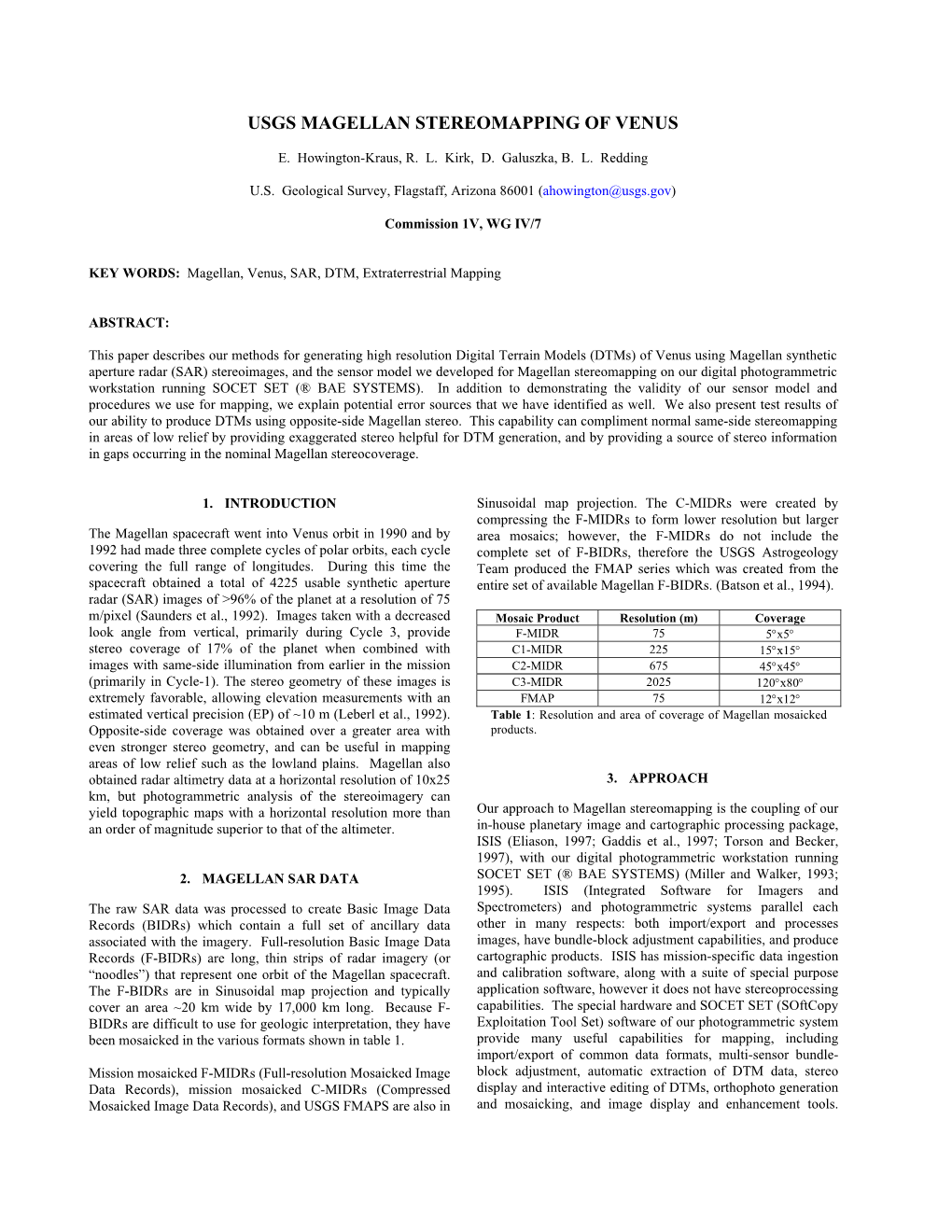 Usgs Magellan Stereomapping of Venus