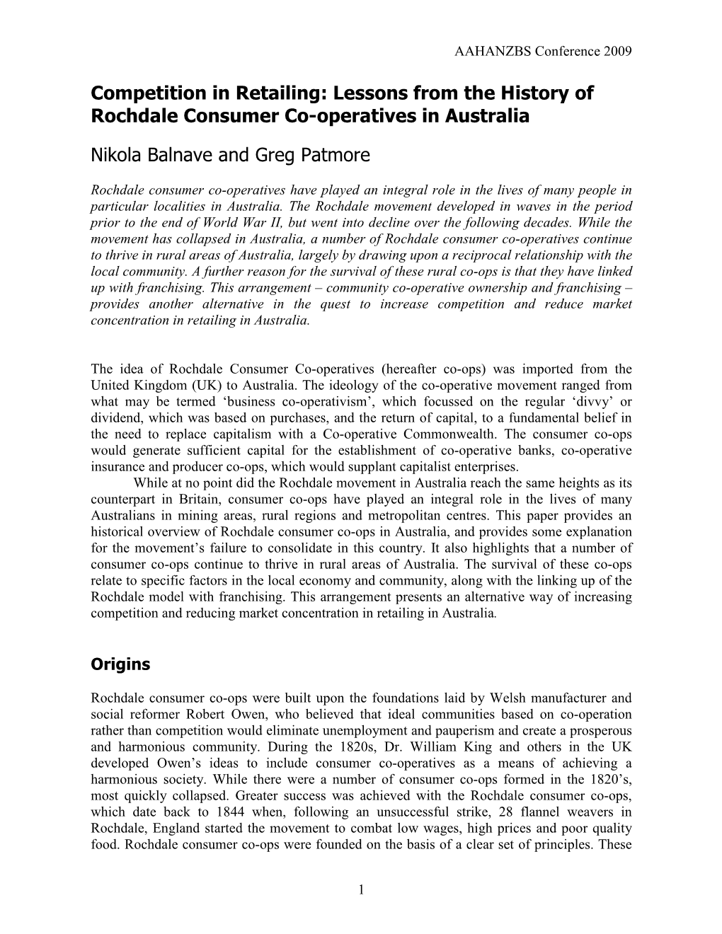 Competition in Retailing: Lessons from the History of Rochdale Consumer Co-Operatives in Australia