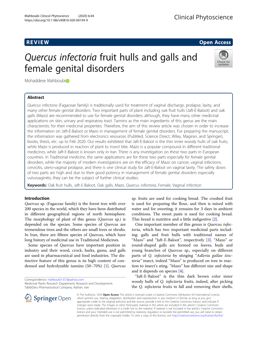 Quercus Infectoria Fruit Hulls and Galls and Female Genital Disorders Mohaddese Mahboubi