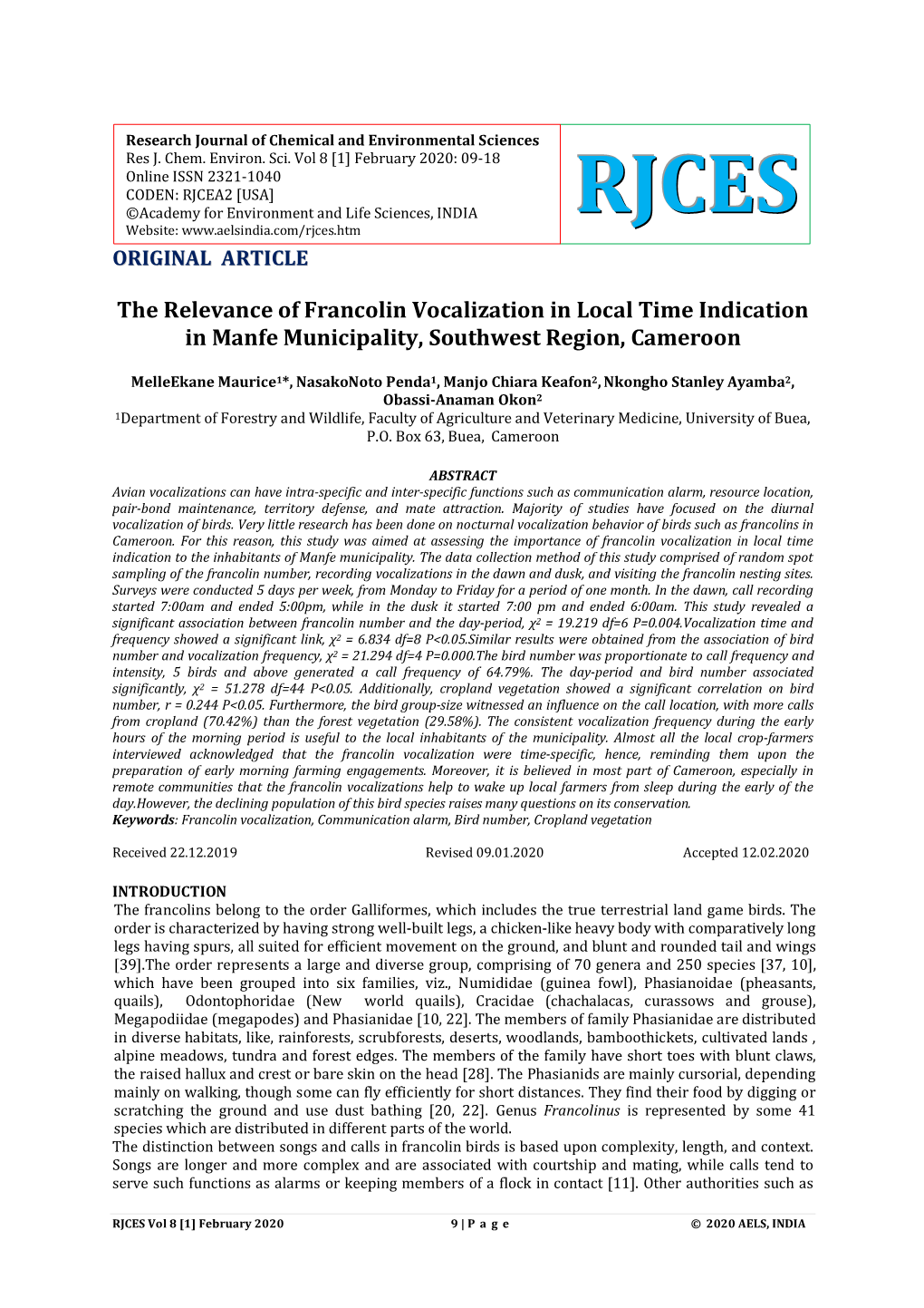 The Relevance of Francolin Vocalization in Local Time Indication in Manfe Municipality, Southwest Region, Cameroon