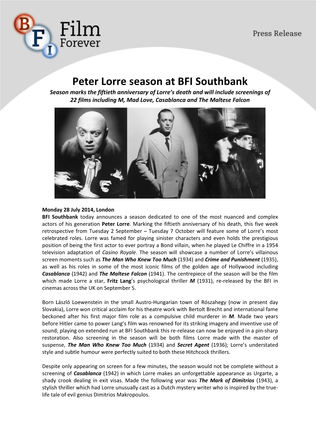 Peter Lorre Season at BFI Southbank