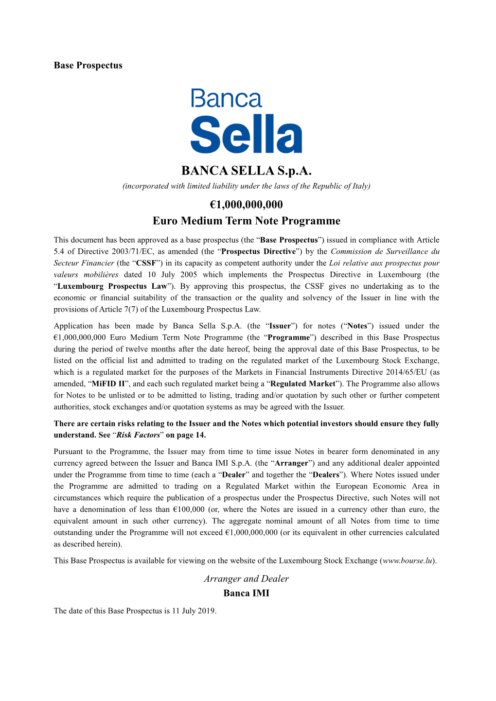 BANCA SELLA S.P.A. (Incorporated with Limited Liability Under the Laws of the Republic of Italy) €1,000,000,000 Euro Medium Term Note Programme