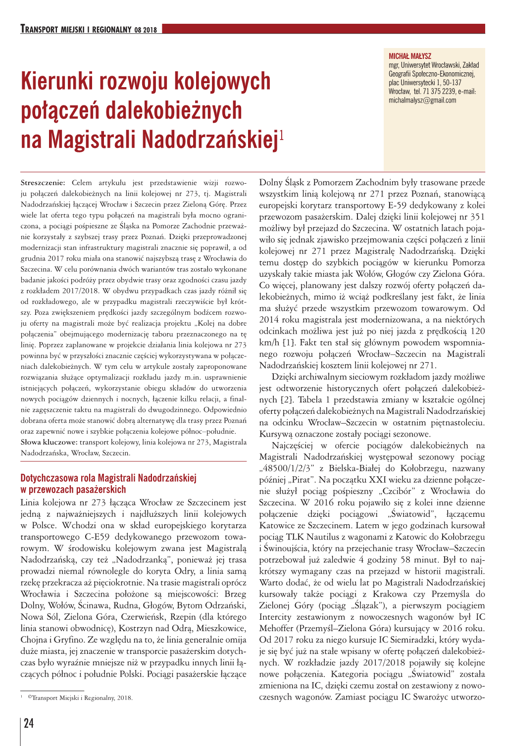 Kierunki Rozwoju Kolejowych Połączeń Dalekobieżnych Na Magistrali