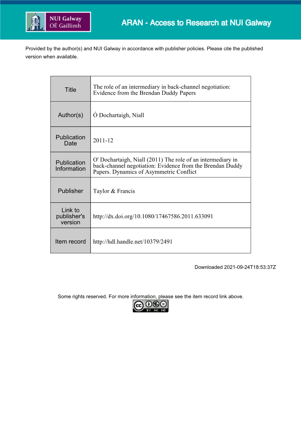 The Role of an Intermediary in Back-Channel Negotiation: Evidence from the Brendan Duddy Papers