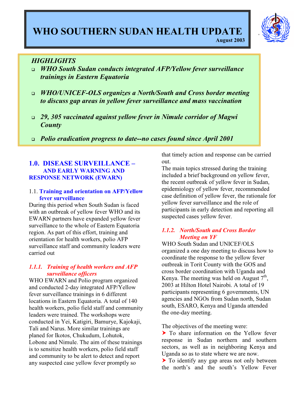 WHO SOUTHERN SUDAN HEALTH UPDATE August 2003