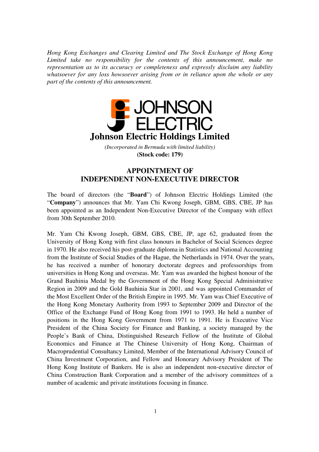 Johnson Electric Holdings Limited (Incorporated in Bermuda with Limited Liability) (Stock Code: 179)