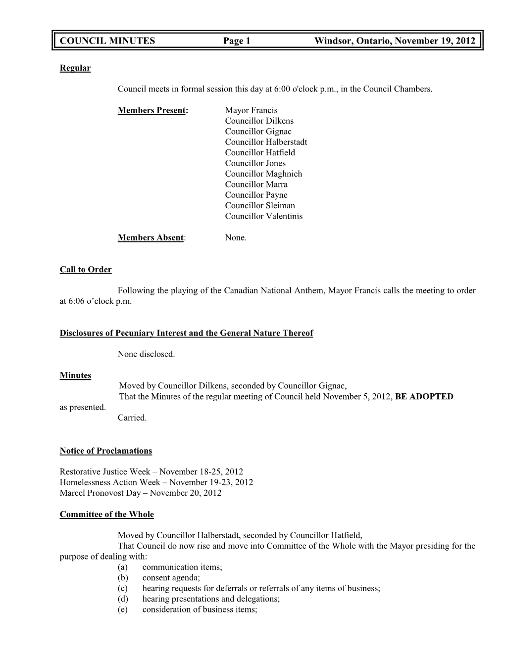 COUNCIL MINUTES Page 1 Windsor, Ontario, November 19, 2012