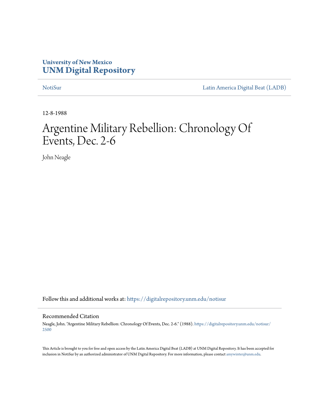 Argentine Military Rebellion: Chronology of Events, Dec