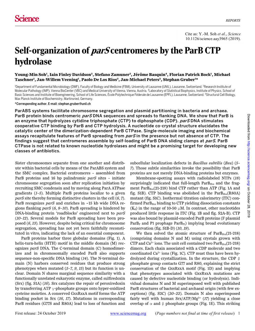 Self-Organization of Pars Centromeres by the Parb CTP Hydrolase