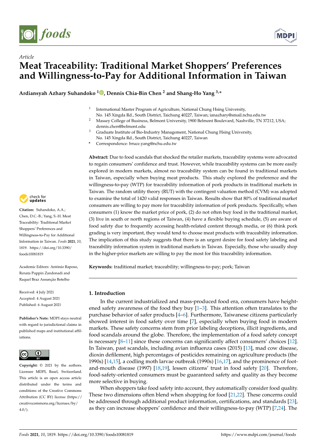 Meat Traceability: Traditional Market Shoppers’ Preferences and Willingness-To-Pay for Additional Information in Taiwan