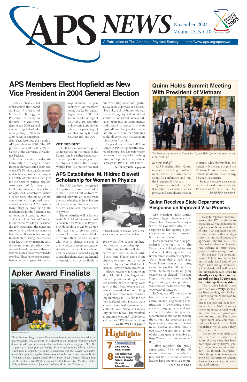 APS Members Elect Hopfield As New Vice President in 2004 General