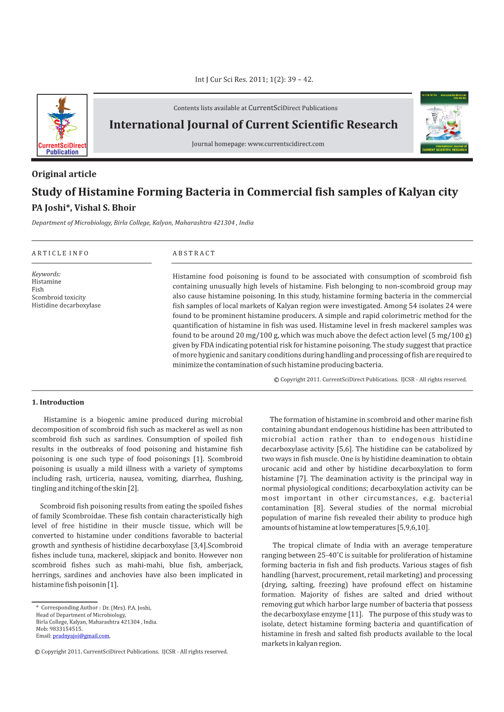 Study of Histamine Forming Bacteria in Commercial Fish Samples of Kalyan City PA Joshi*, Vishal S