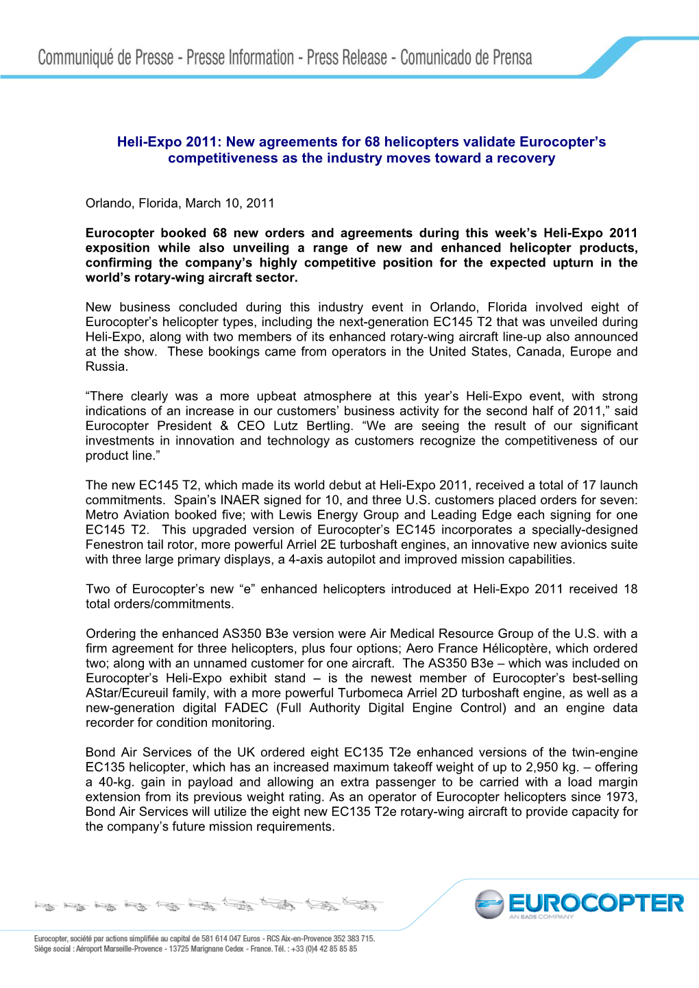 Heli-Expo 2011: New Agreements for 68 Helicopters Validate Eurocopter’S Competitiveness As the Industry Moves Toward a Recovery