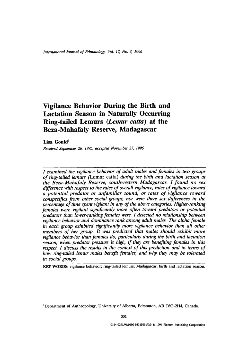 Gould L. 1996. Vigilance Behavior During the Birth and Lactation