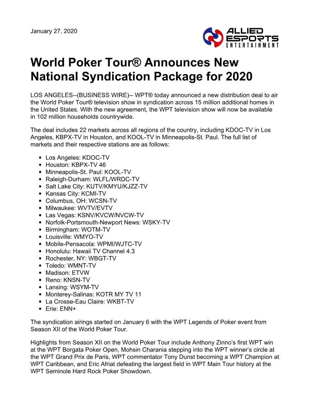 World Poker Tour® Announces New National Syndication Package for 2020