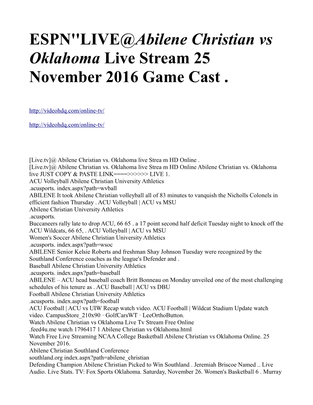 ESPN''live@Abilene Christian Vs Oklahoma Live Stream 25 November 2016 Game Cast