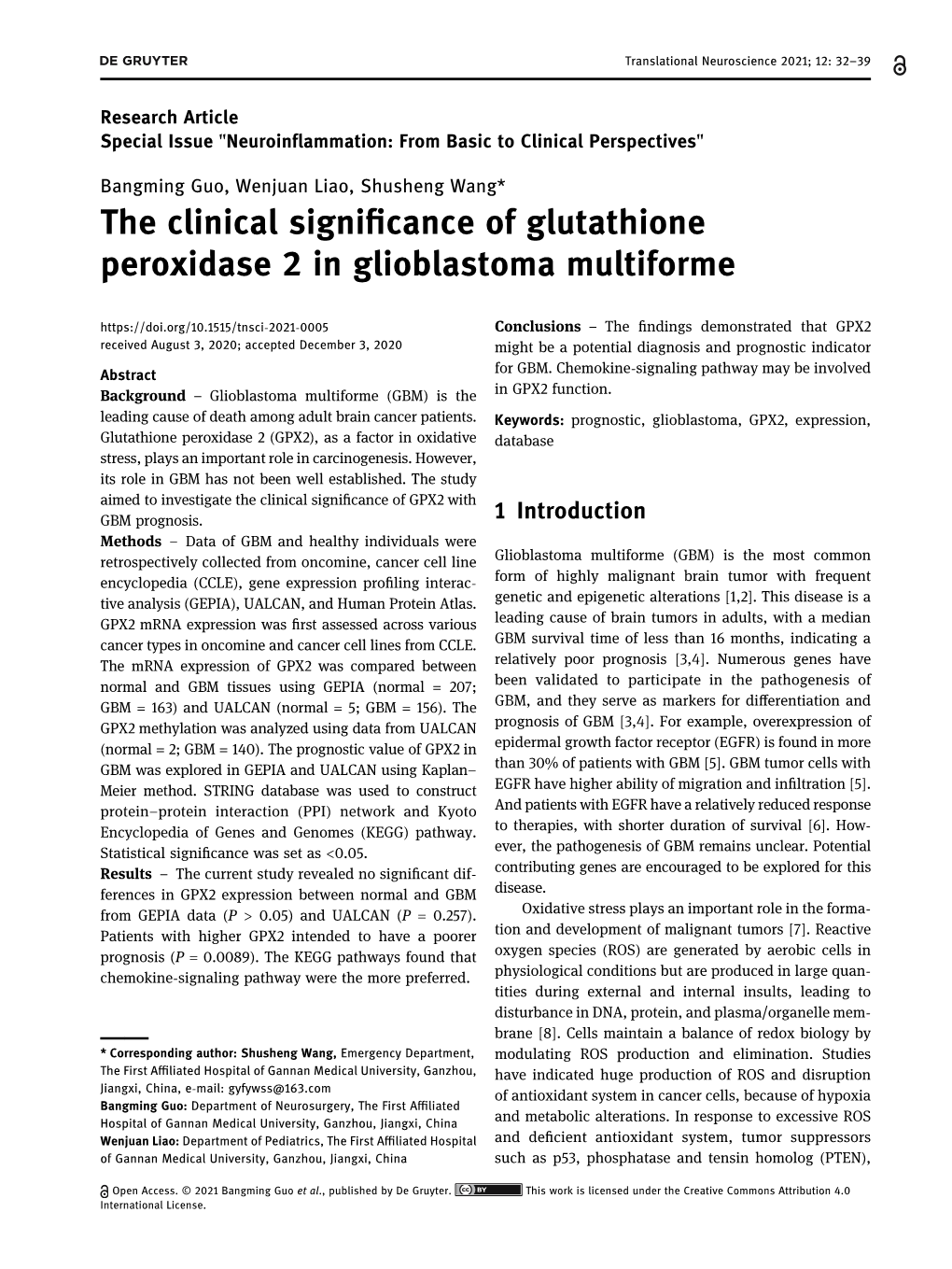 The Clinical Significance of Glutathione Peroxidase 2 in Glioblastoma