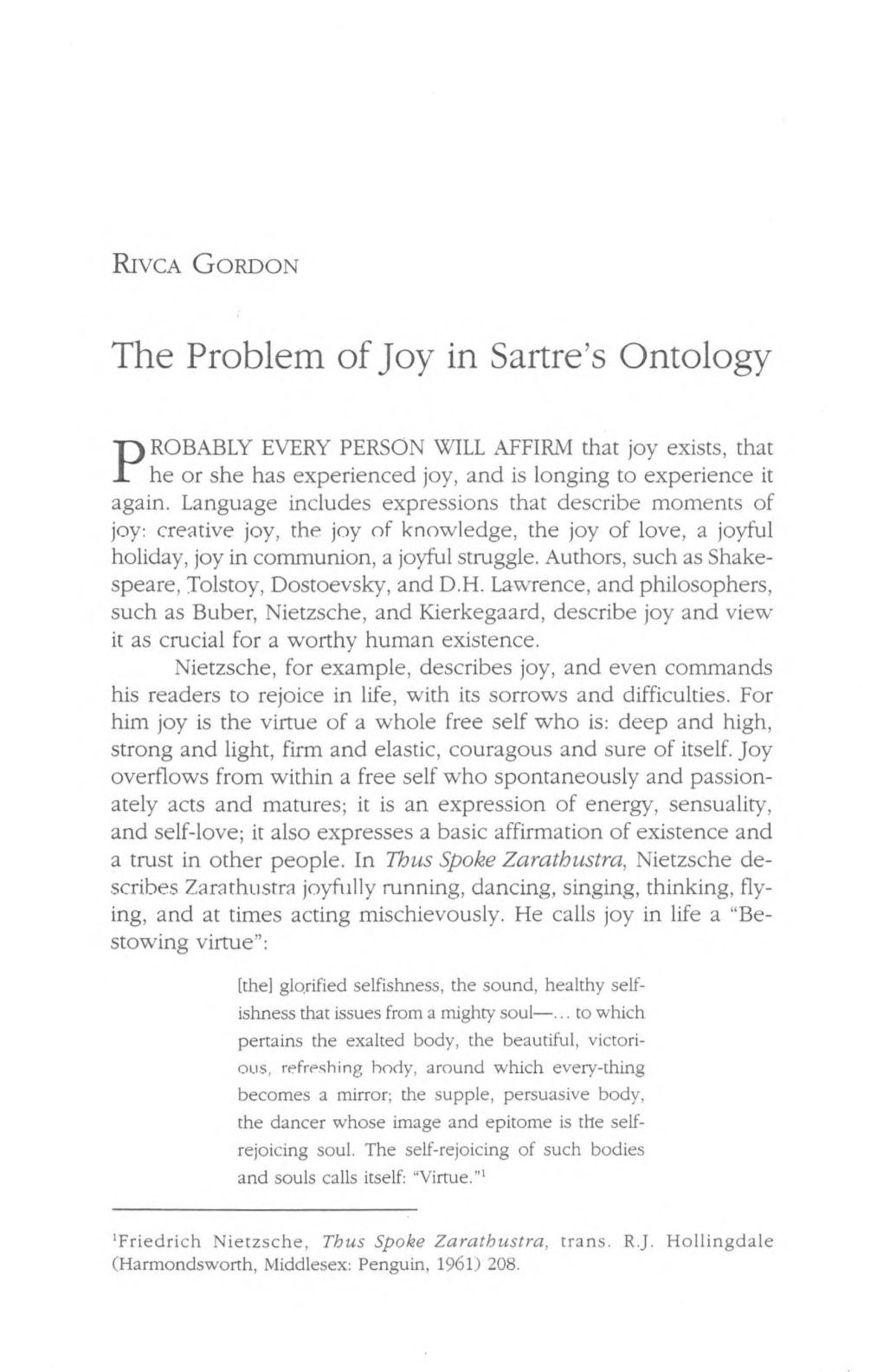 The Problem of Joy in Sartre's Ontology