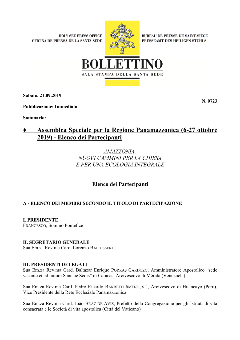 Assemblea Speciale Per La Regione Panamazzonica (6-27 Ottobre 2019) - Elenco Dei Partecipanti