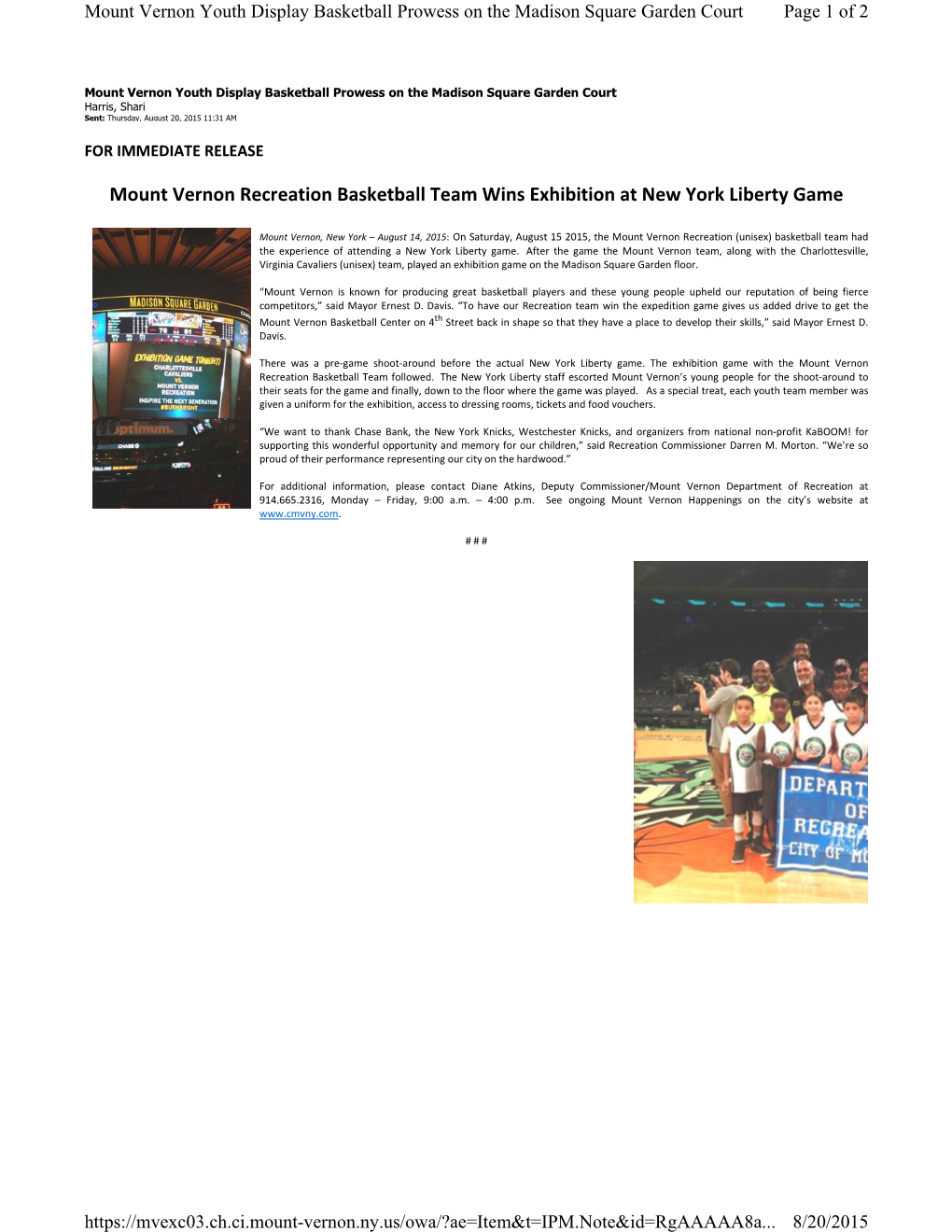 Mount Vernon Recreation Basketball Team Wins Exhibition at New York Liberty Game