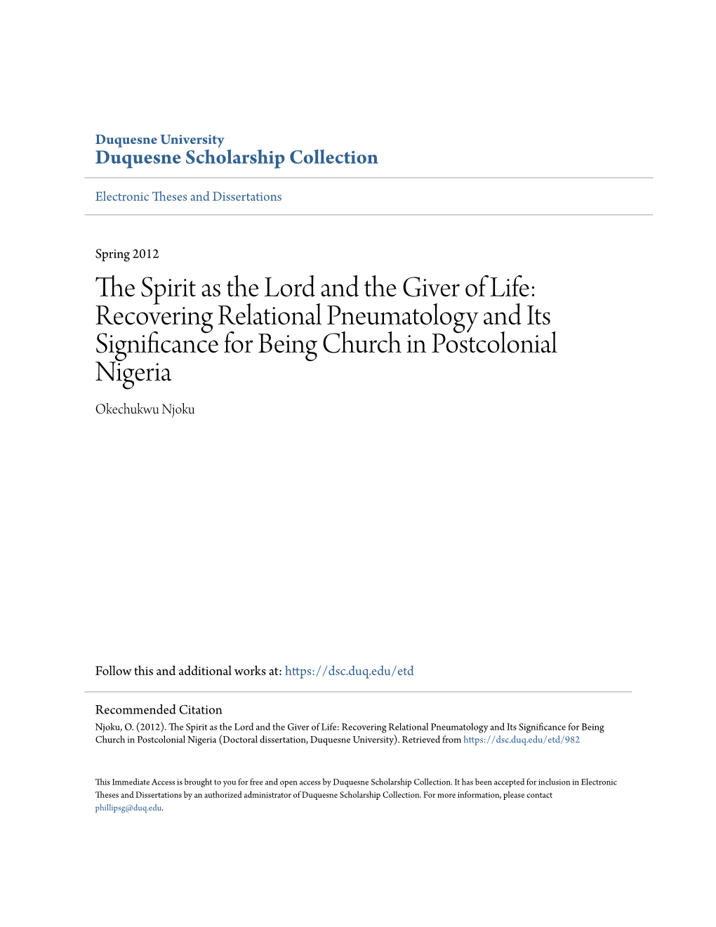 The Spirit As the Lord and the Giver of Life: Recovering Relational