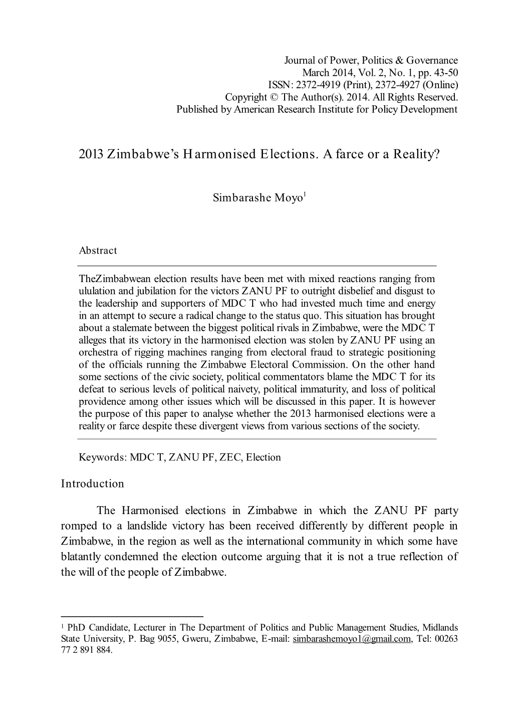 2013 Zimbabwe's Harmonised Elections. a Farce Or a Reality?