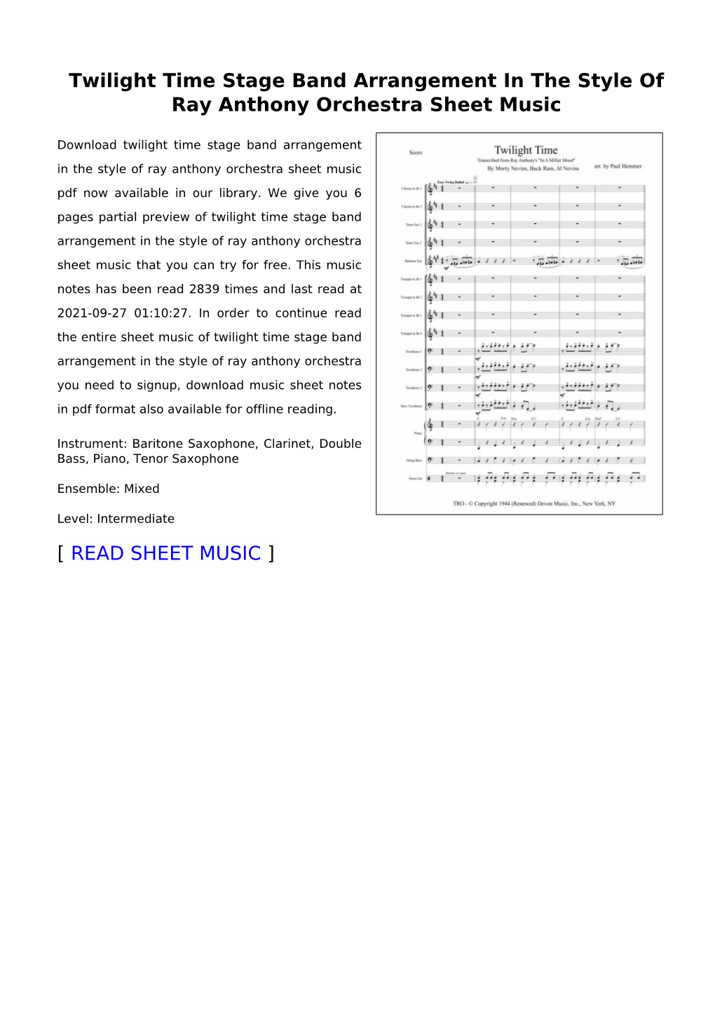 Twilight Time Stage Band Arrangement in the Style of Ray Anthony Orchestra Sheet Music