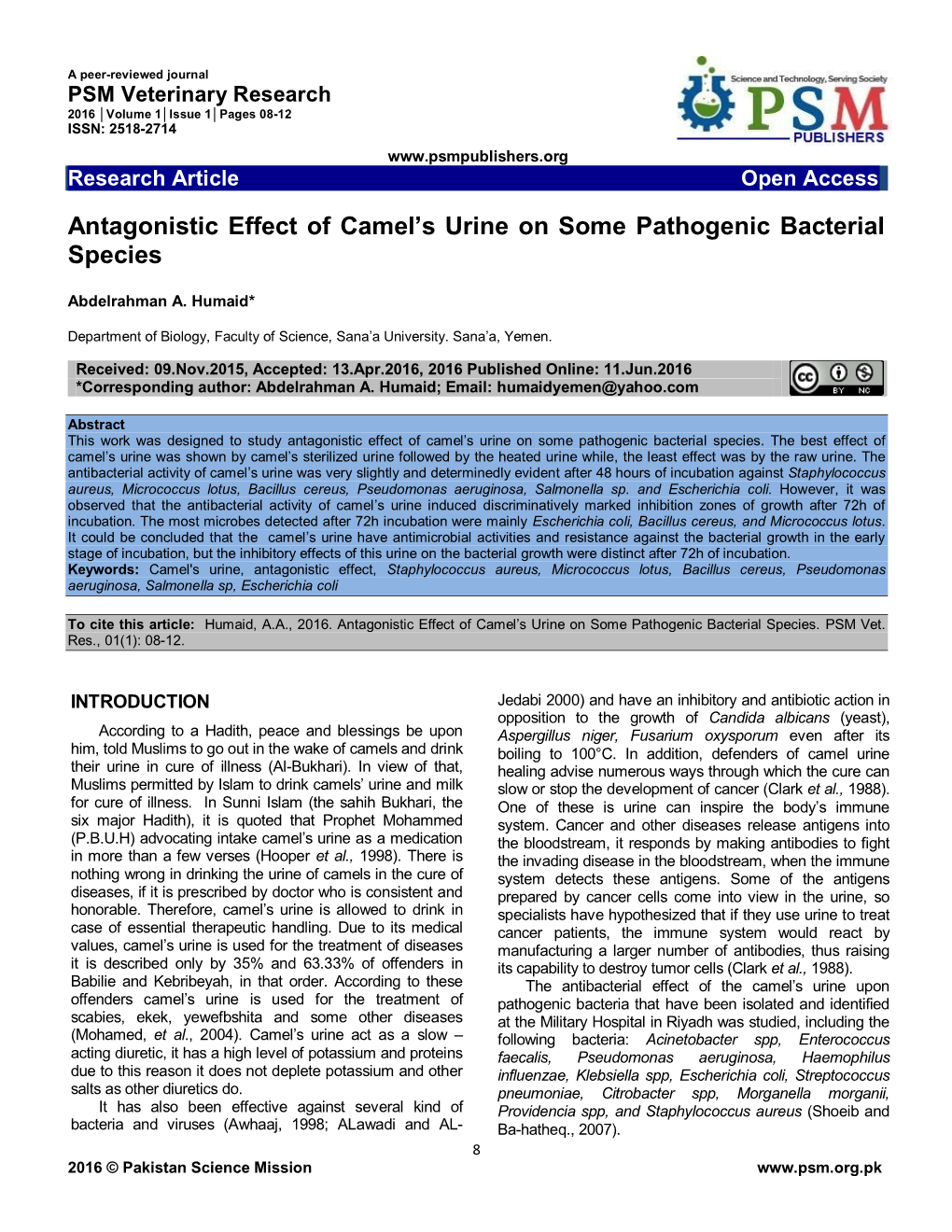 Antagonistic Effect of Camel's Urine on Some Pathogenic Bacterial