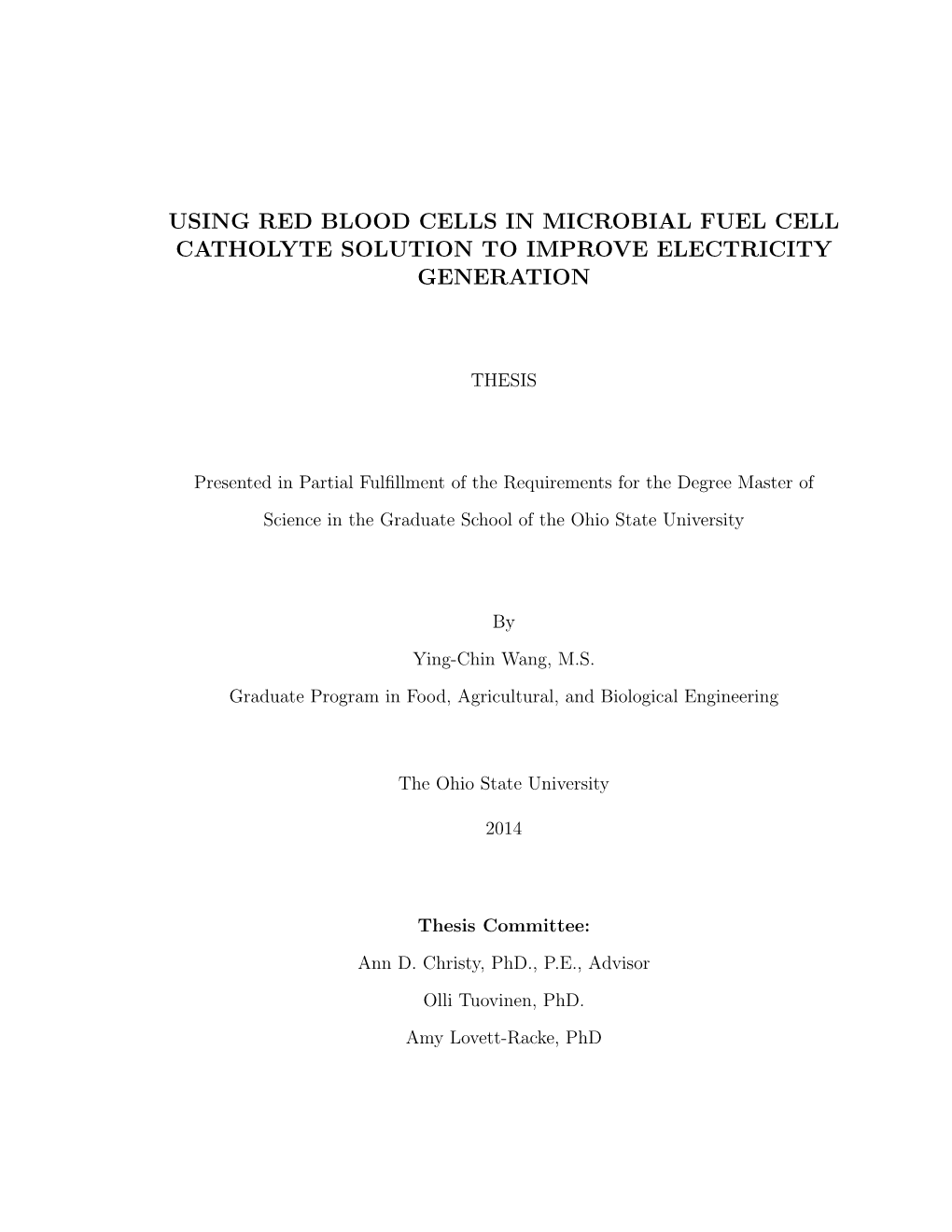 Using Red Blood Cells in Microbial Fuel Cell Catholyte Solution to Improve Electricity Generation