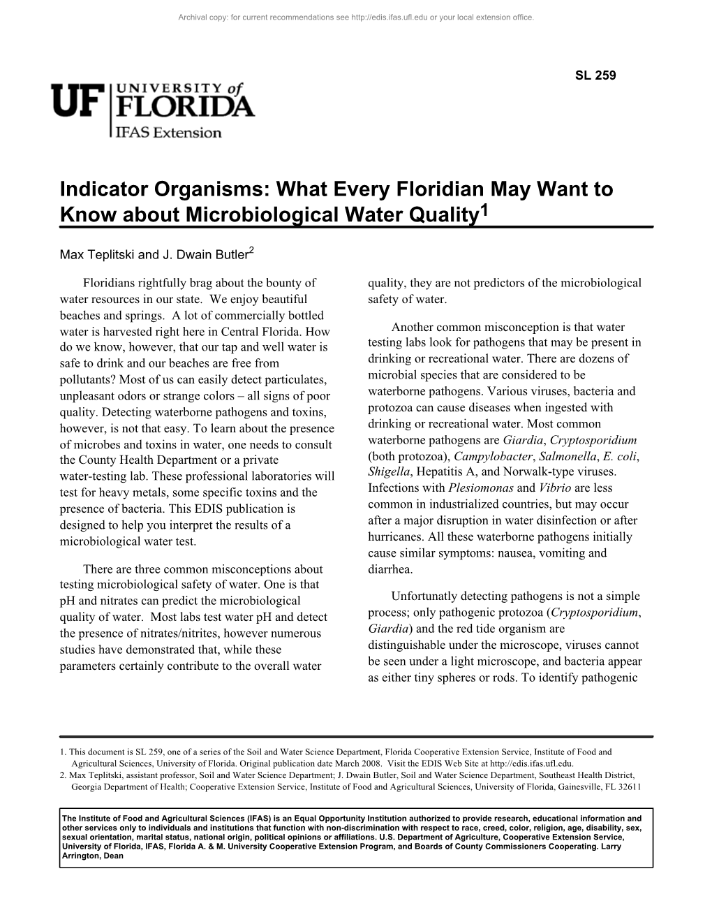 Indicator Organisms: What Every Floridian May Want to Know About Microbiological Water Quality1