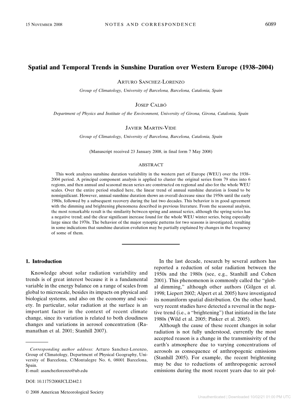Spatial and Temporal Trends in Sunshine Duration Over Western Europe (1938–2004)