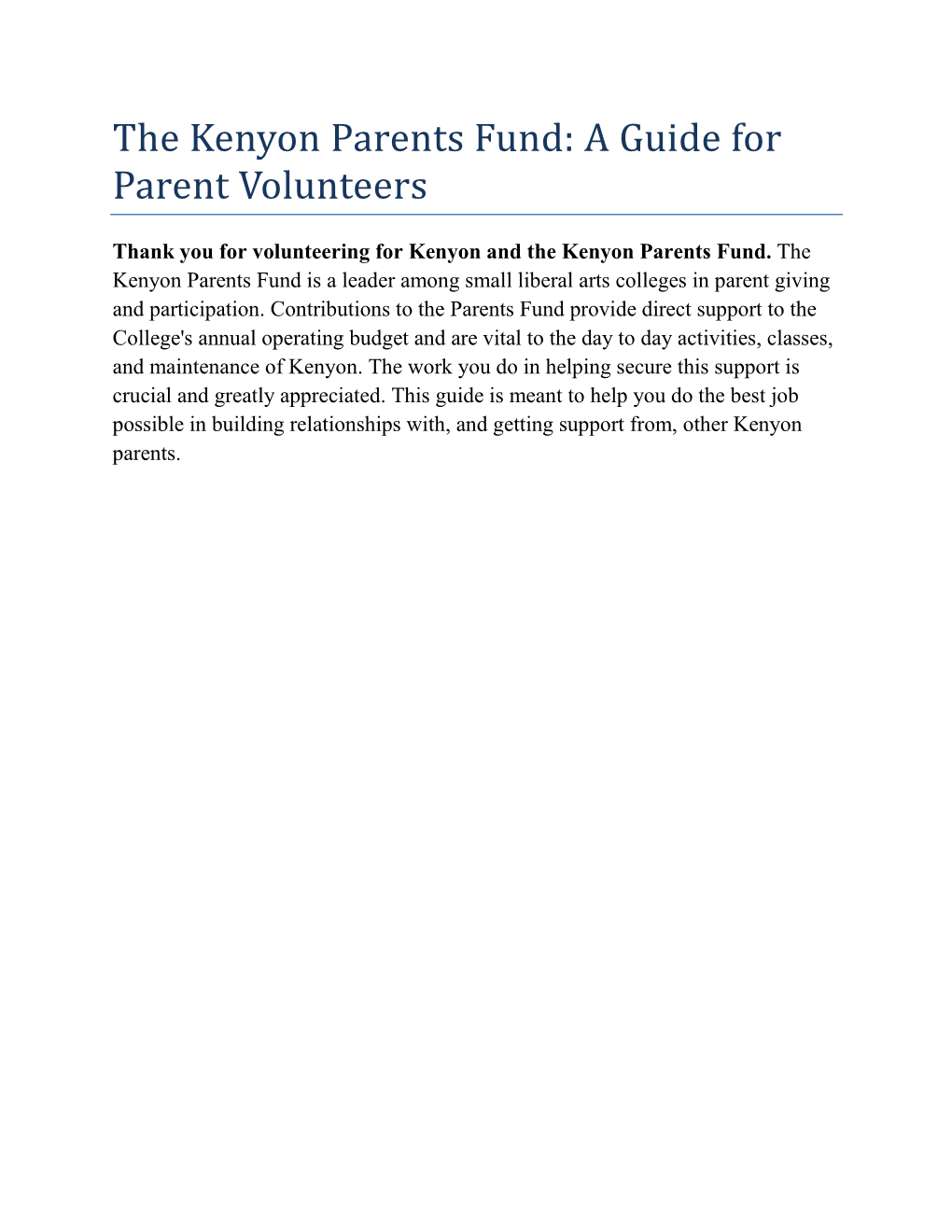 The Kenyon Parents Fund: a Guide for Parent Volunteers