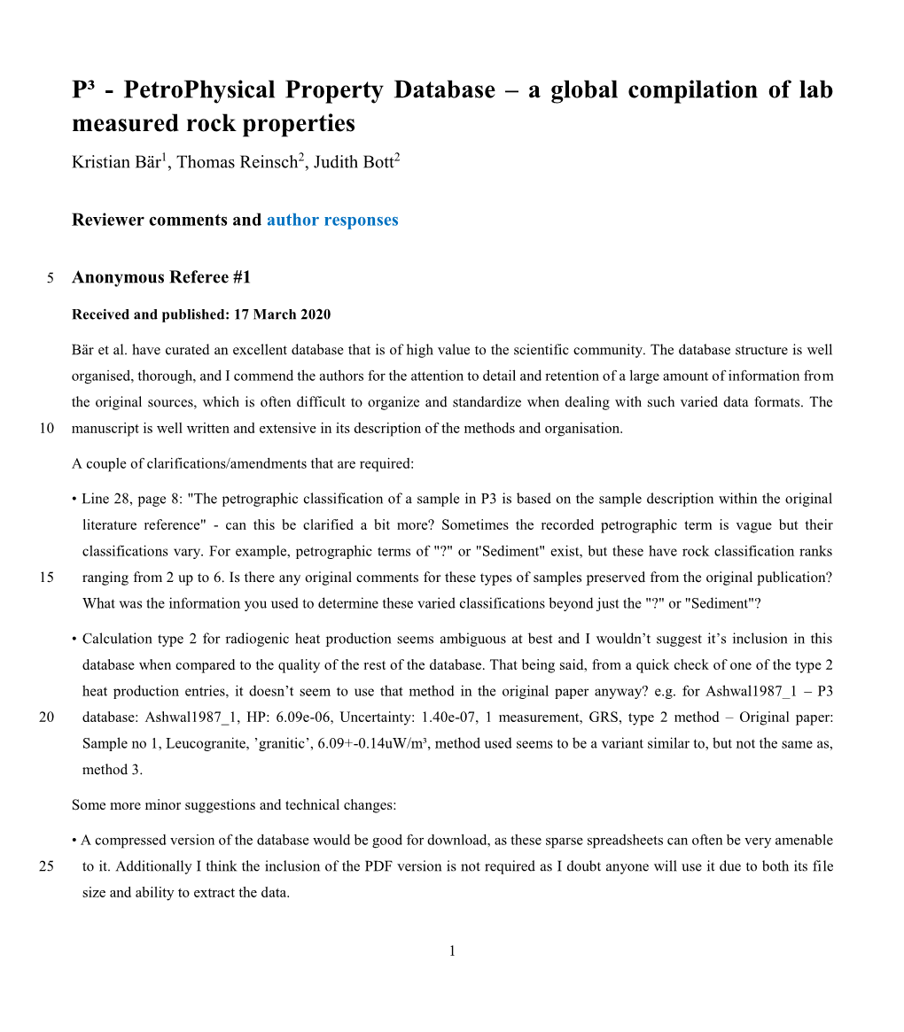 P³ - Petrophysical Property Database – a Global Compilation of Lab Measured Rock Properties Kristian Bär1, Thomas Reinsch2, Judith Bott2