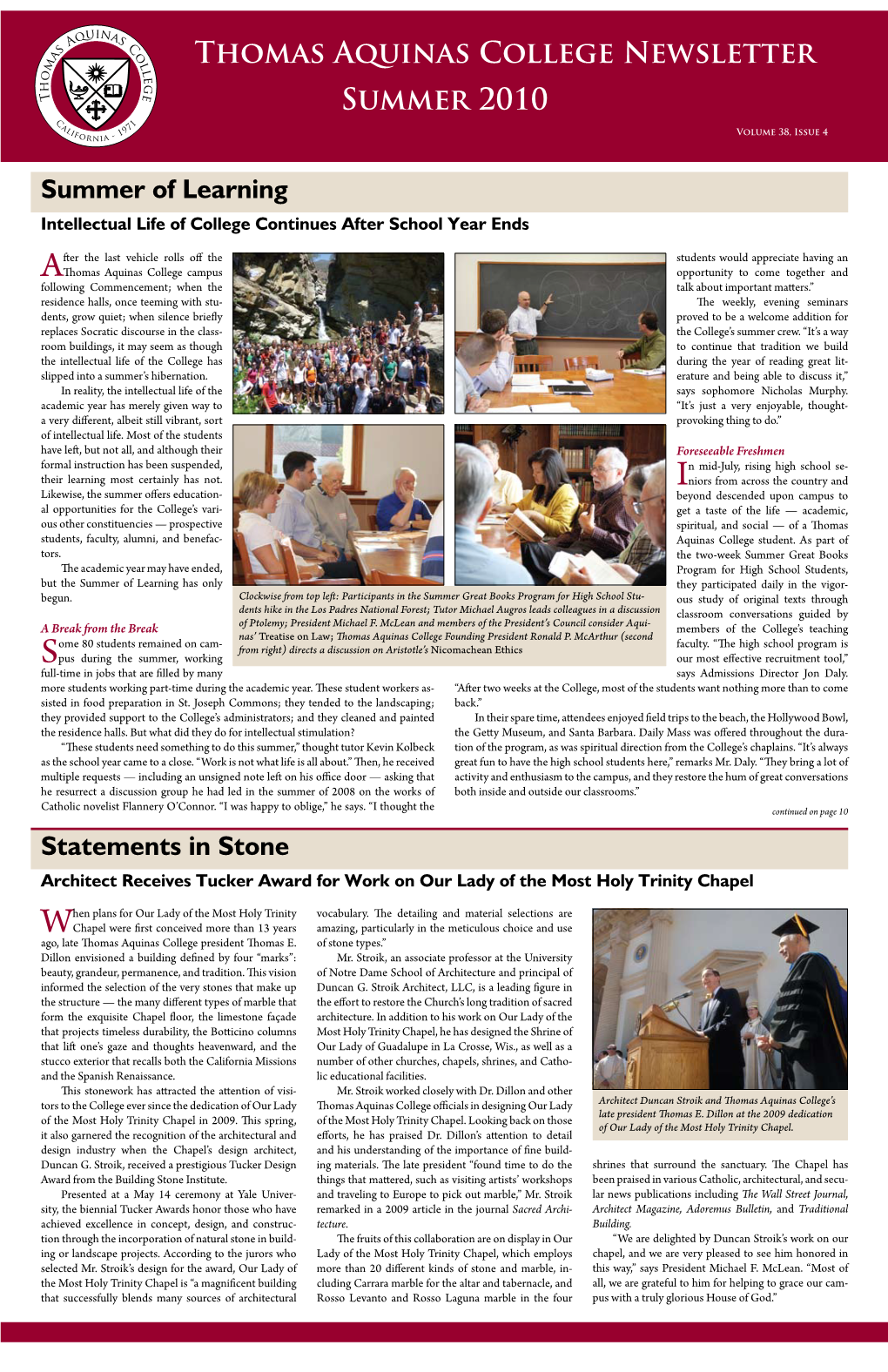 Thomas Aquinas College Newsletter SUMMER 2010