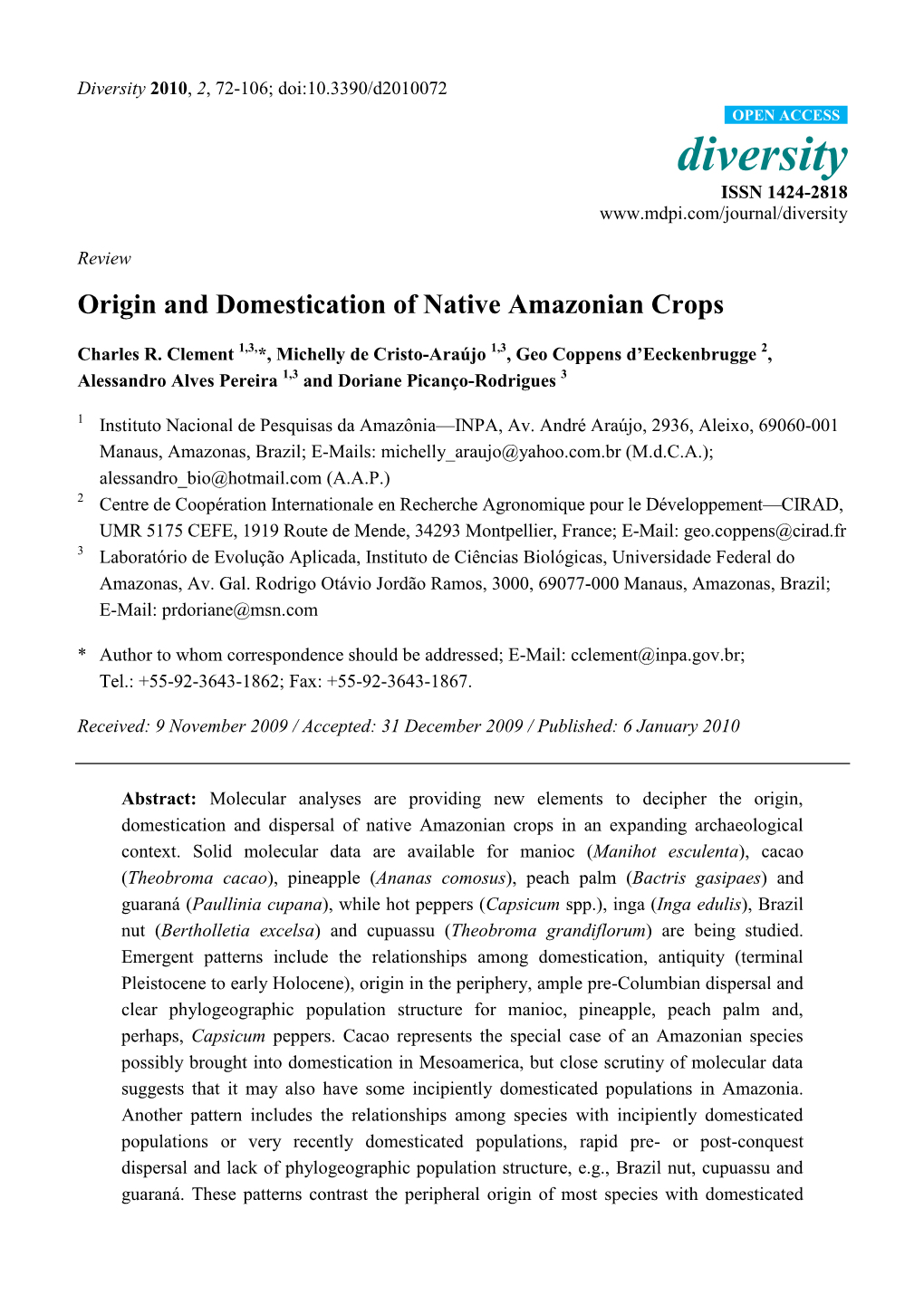 Origin and Domestication of Native Amazonian Crops