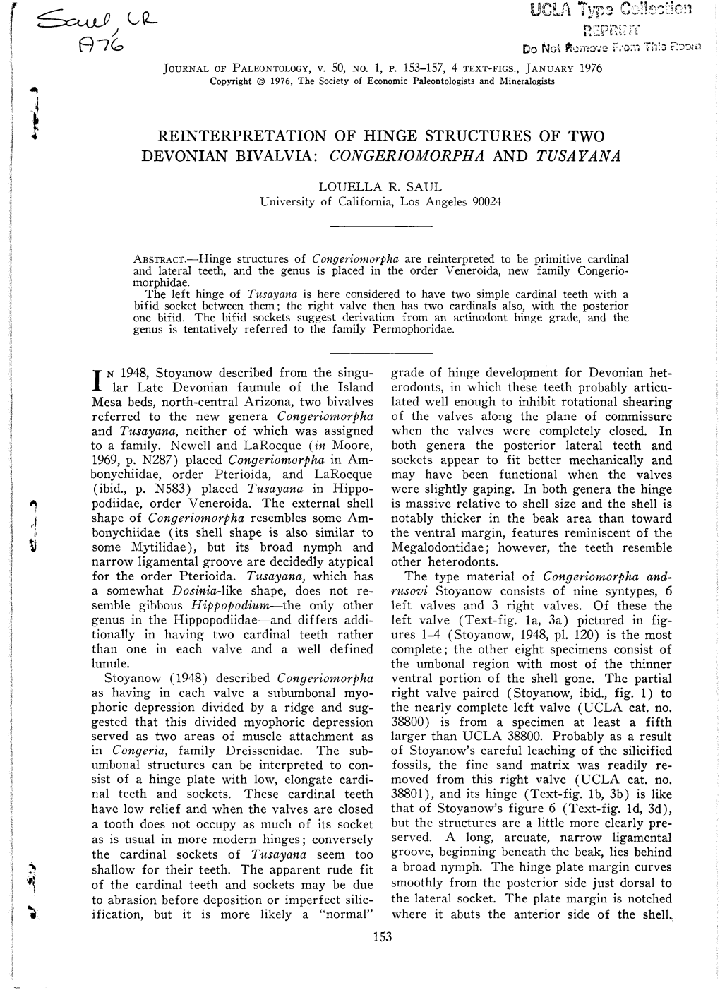 Reinterpretation of Hinge Structures of Two Devonian Bivalvia: Congeriomorpha and Tvsayan A