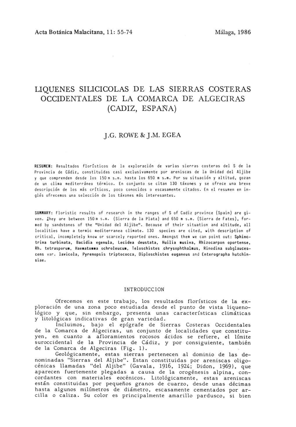 Liquenes Silicicolas De Las Sierras Costeras Occidentales De La Comarca De Algeciras (Cadiz, Espana)