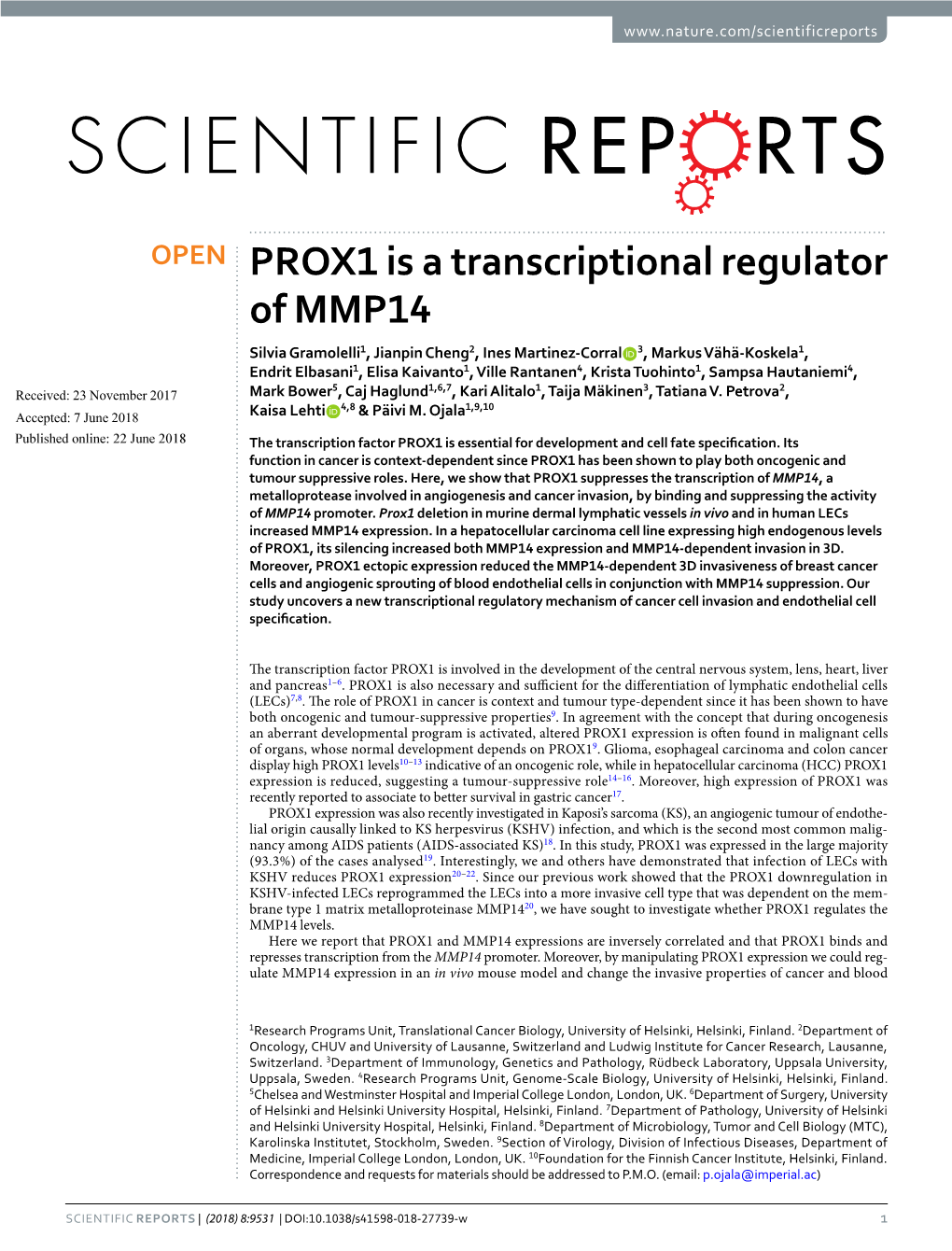 PROX1 Is a Transcriptional Regulator of MMP14