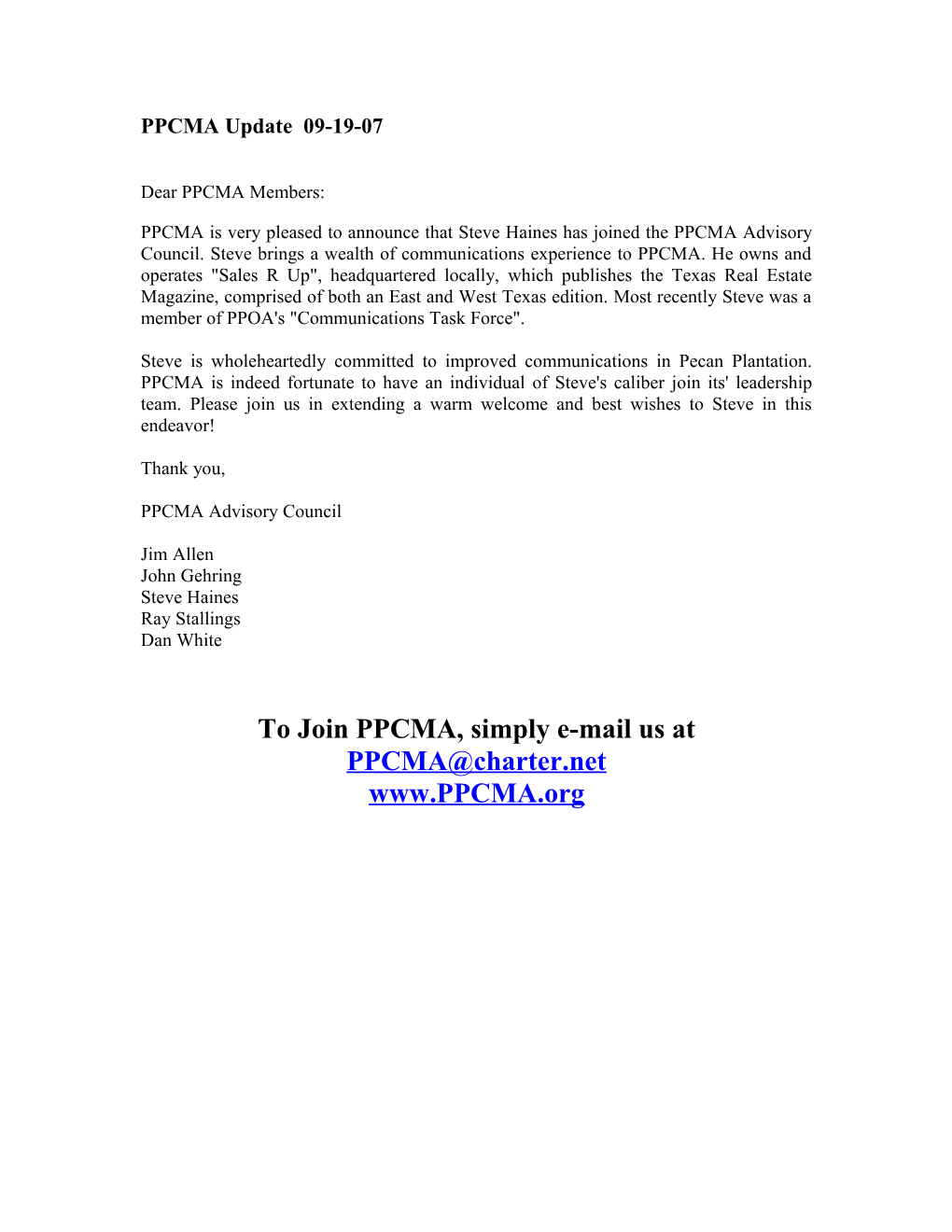 Dear PPCMA Members