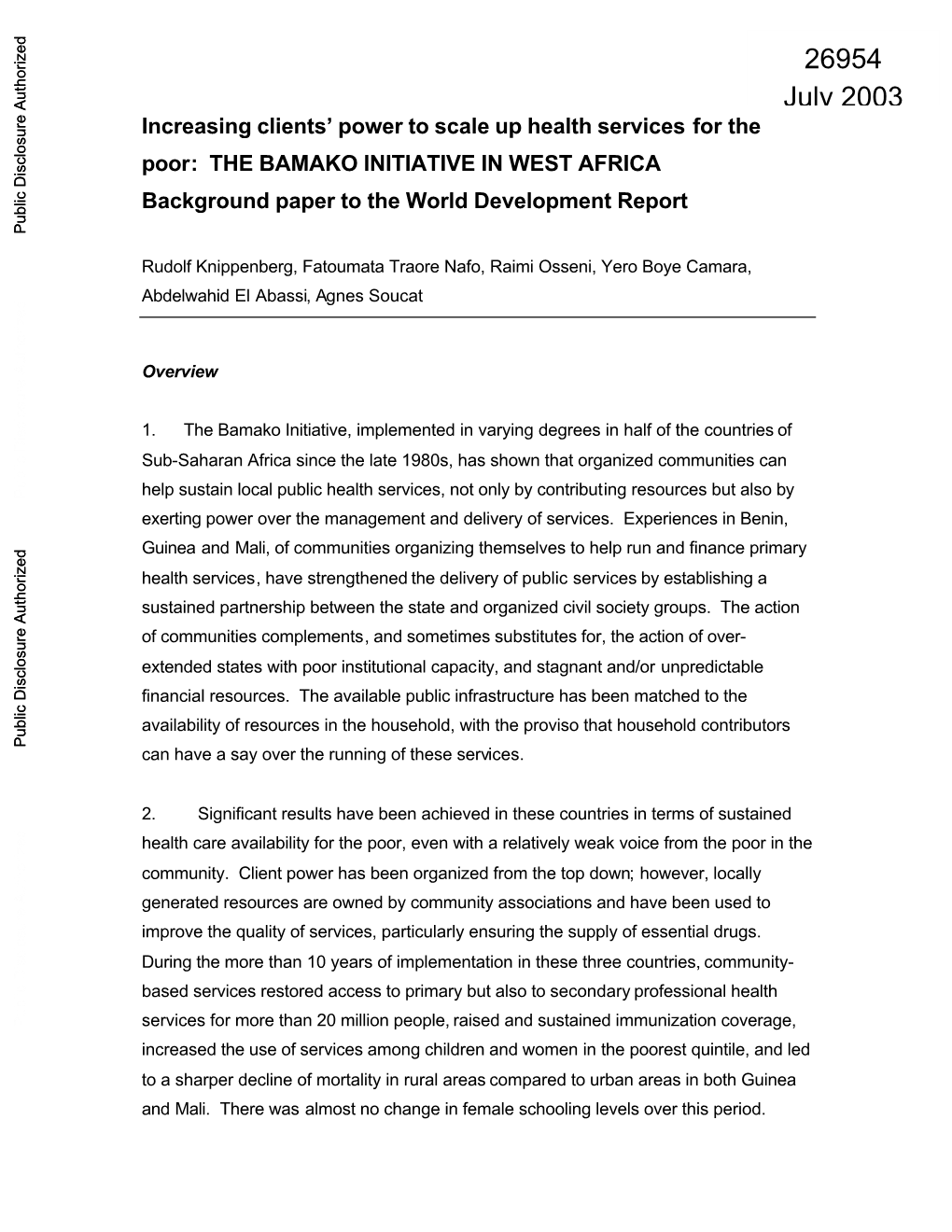 BAMAKO INITIATIVE in WEST AFRICA Background Paper to the World Development Report