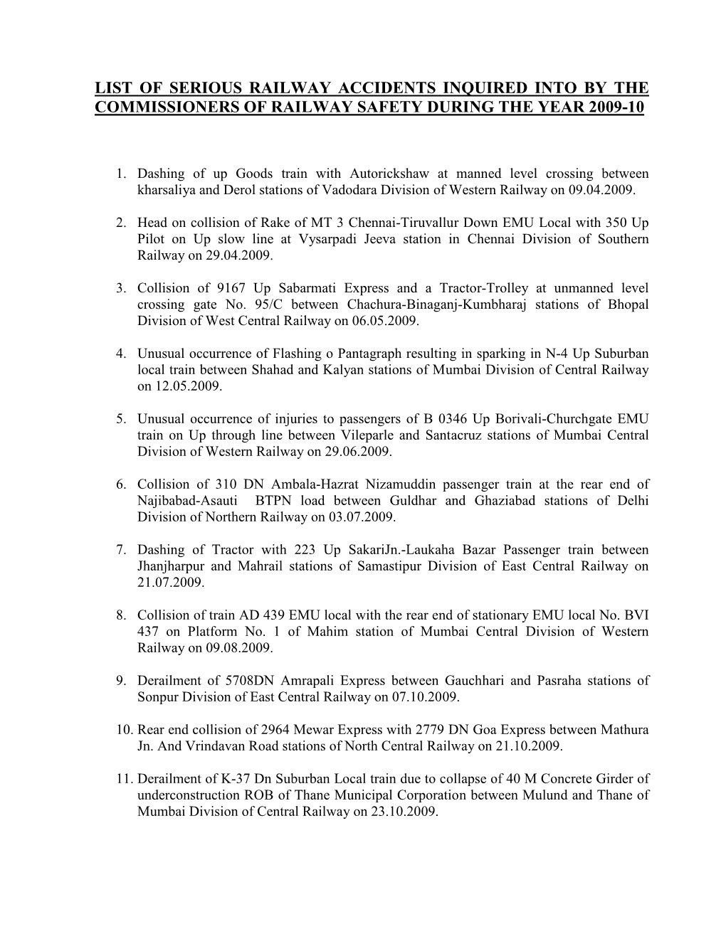 List of Serious Railway Accidents Inquired Into by the Commissioners of Railway Safety During the Year 2009-10